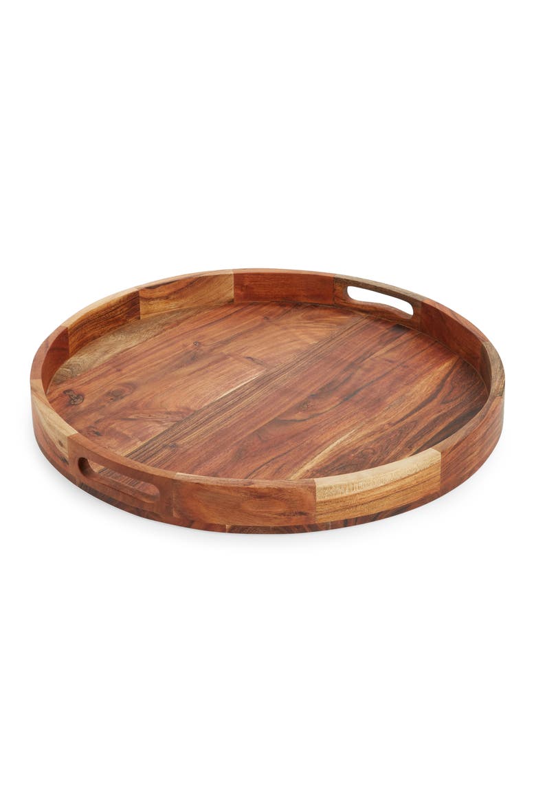 at Home Large Round Acacia Wood Serving Tray, Main, color, WARM BROWN