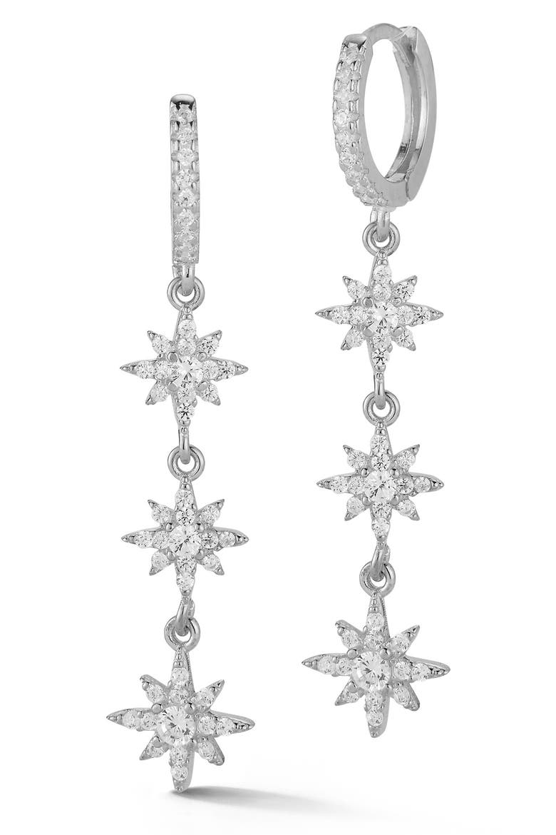 Sterling Silver CZ Celestial Star Drop Huggie Hoop Earrings, Main, color, SILVER