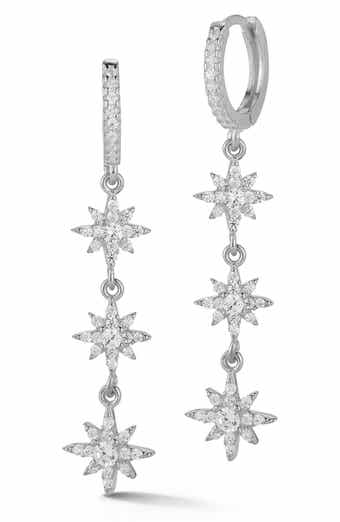 Sterling Silver CZ Celestial Star Drop Huggie Hoop Earrings