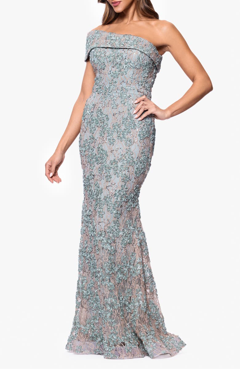 Xscape Evenings Soutache Lace Off the Shoulder Gown, Alternate, color, Sage/ Gold