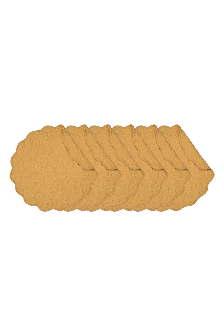 Christiana Honey Reversible Machine Washable Round Scallop Quilt Placemats Set of 6, Main, color, Yellow