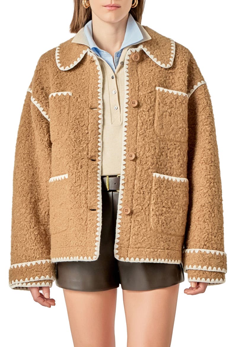 Embroidered Faux Shearling Jacket, Main, color, TAN
