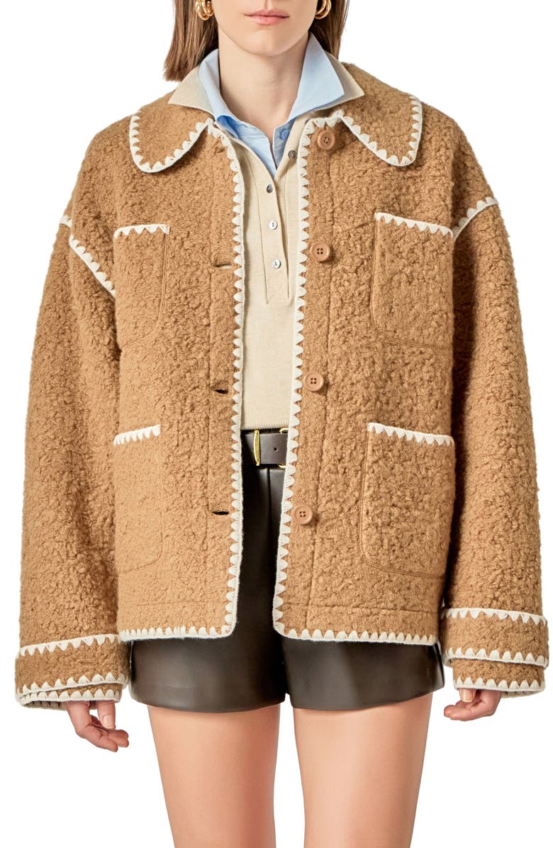 English Factory Embroidered Faux Shearling Jacket, Main, color, Tan