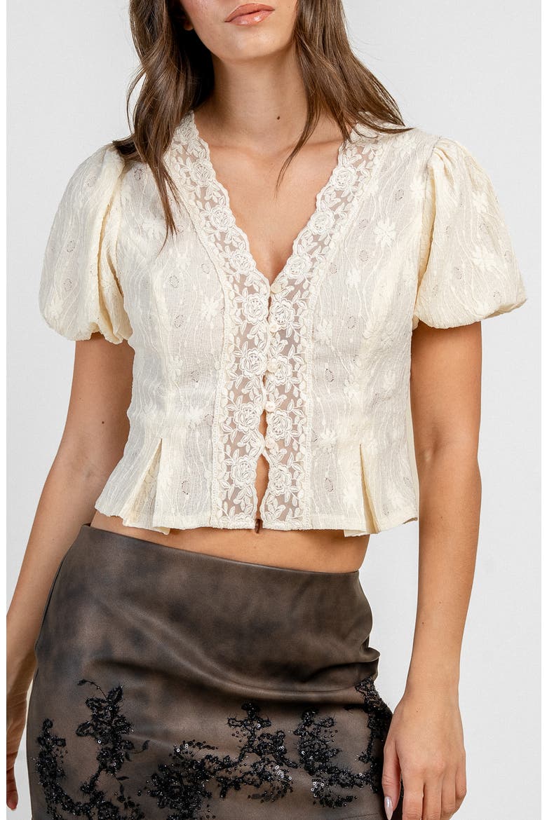 Lace Trim Fitted Button Front Top, Main, color, LEMON