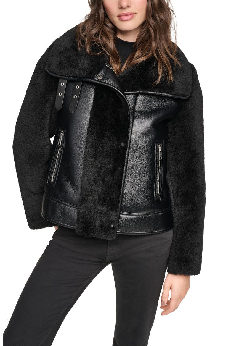 Kemsley Faux Leather & Faux Shearling Moto Jacket, Main, color, BLACK