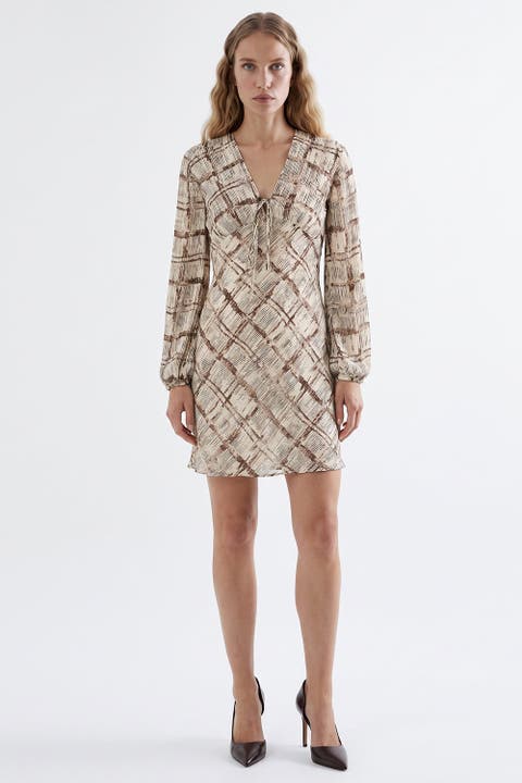 Elasticated Sleeve V Neck Lined Dress