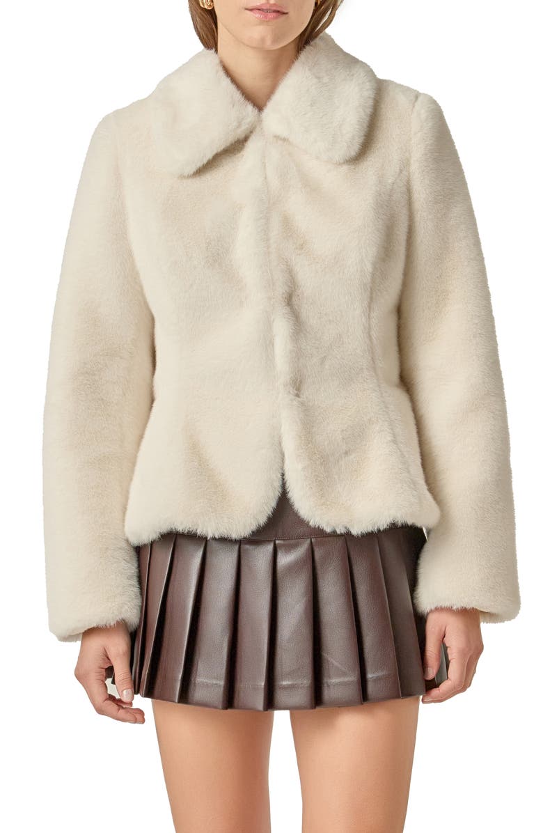 English Factory Peplum Faux Fur Coat, Main, color, Off White