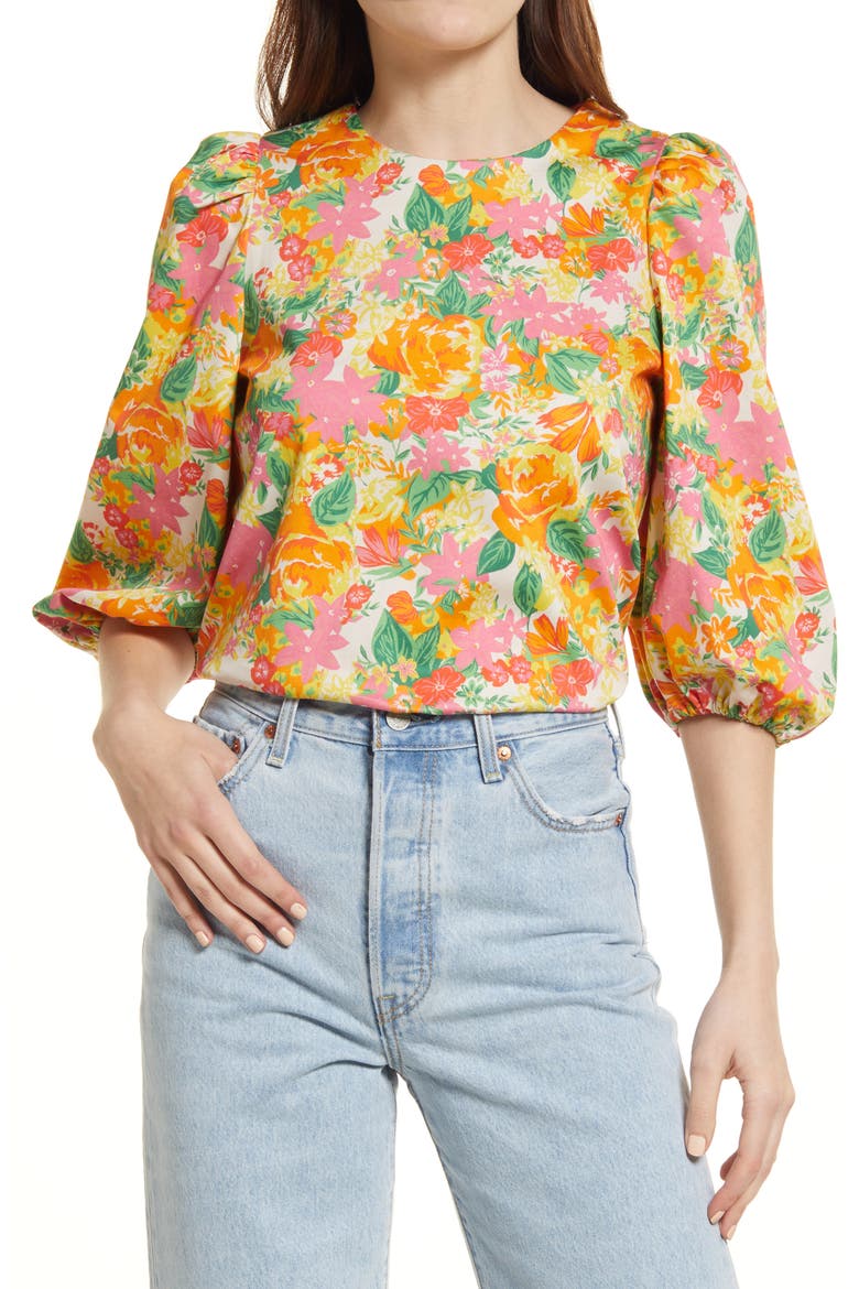 Floral Print Puff Sleeve Stretch Cotton Top, Main, color, ORANGE