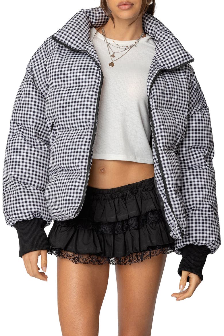 Gingham Oversize Quilted Puffer Jacket, Main, color, BLACK-AND-WHITE