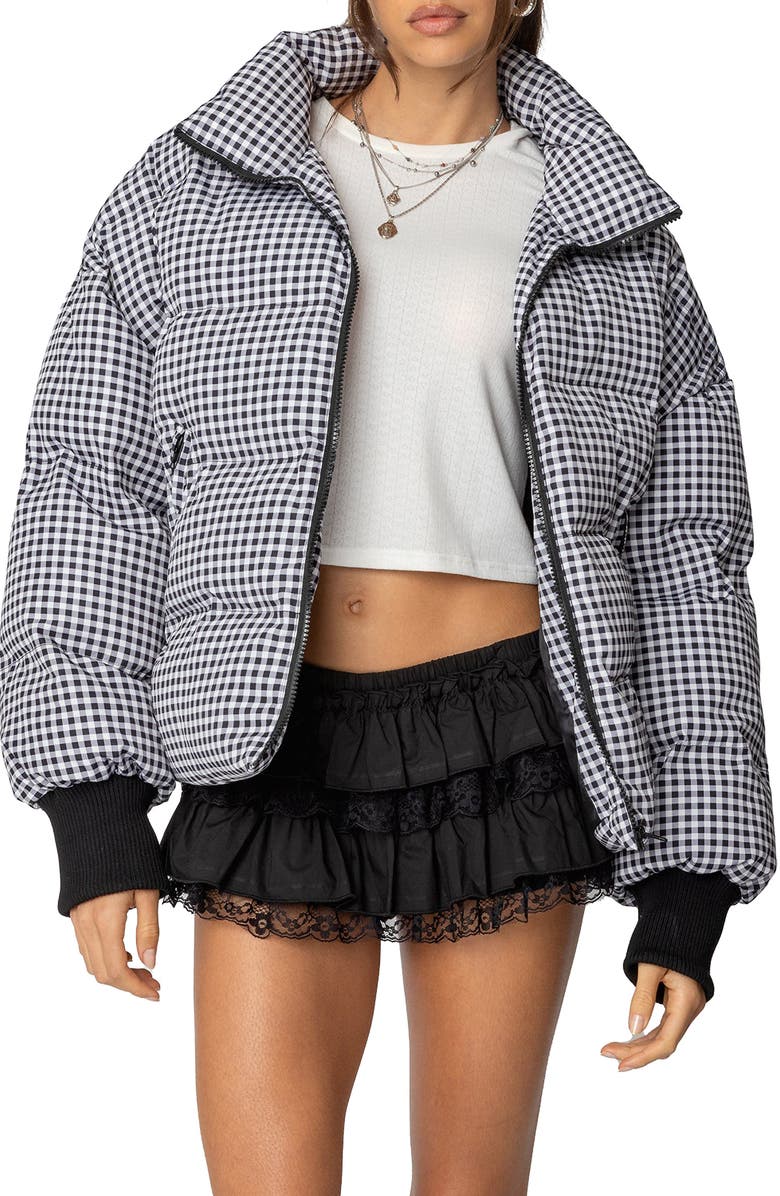 EDIKTED Gingham Oversize Quilted Puffer Jacket, Main, color, Black-And-White