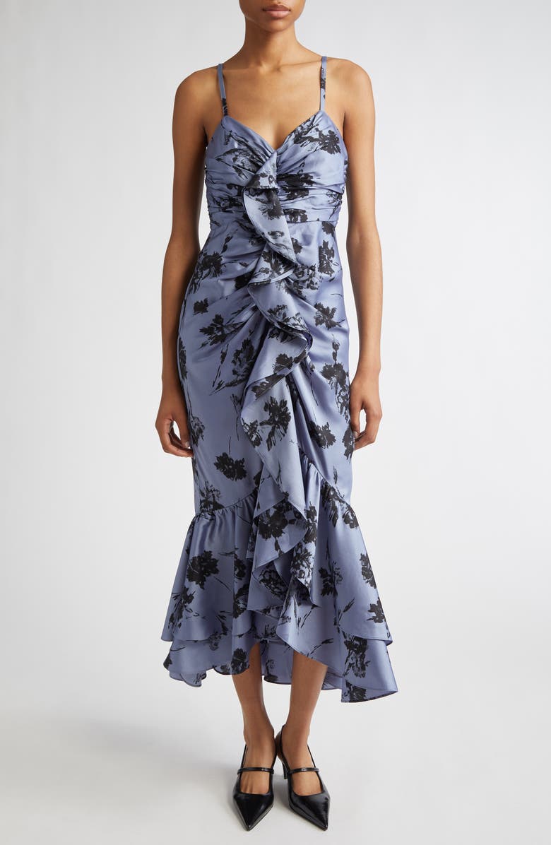 Cinq à Sept Akemi Cool Carnation Ruffle Detail Satin Dress, Main, color, Rustic Blue Multi