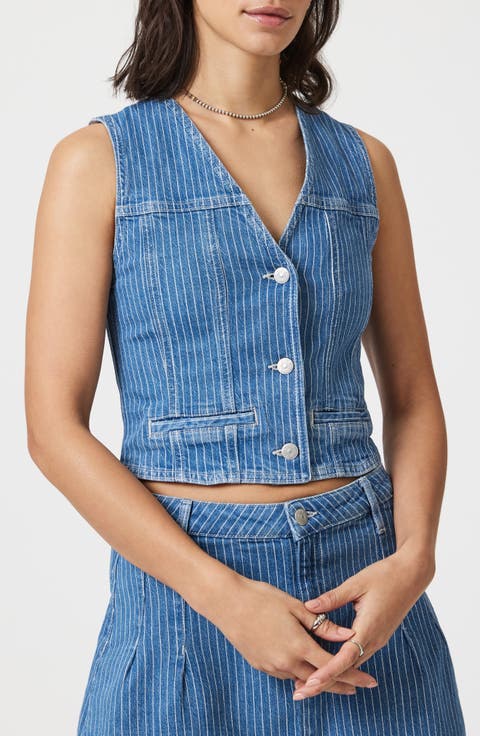 Pinstriped Denim Button-Up Vest