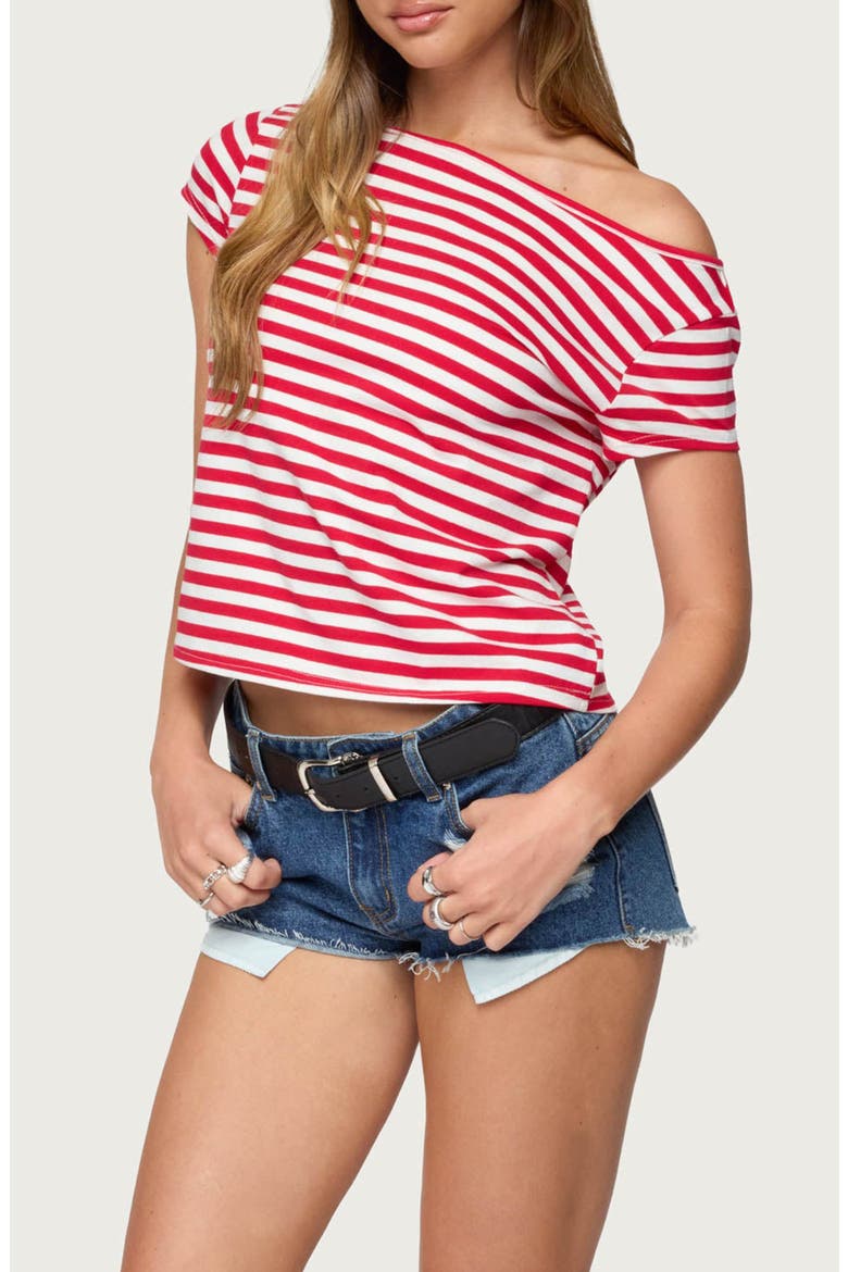 Aretha Stripe Off the Shoulder Stretch Cotton Top, Alternate, color, RED