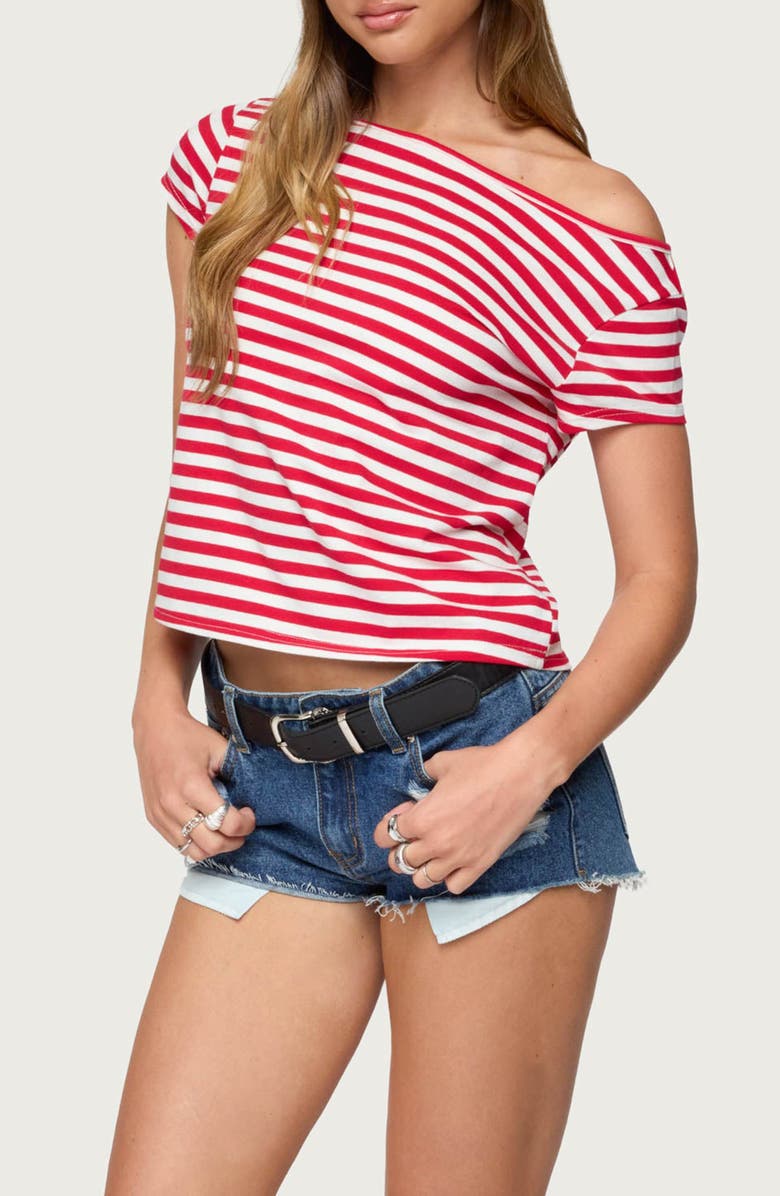 EDIKTED Aretha Stripe Off the Shoulder Stretch Cotton Top, Alternate, color, Red