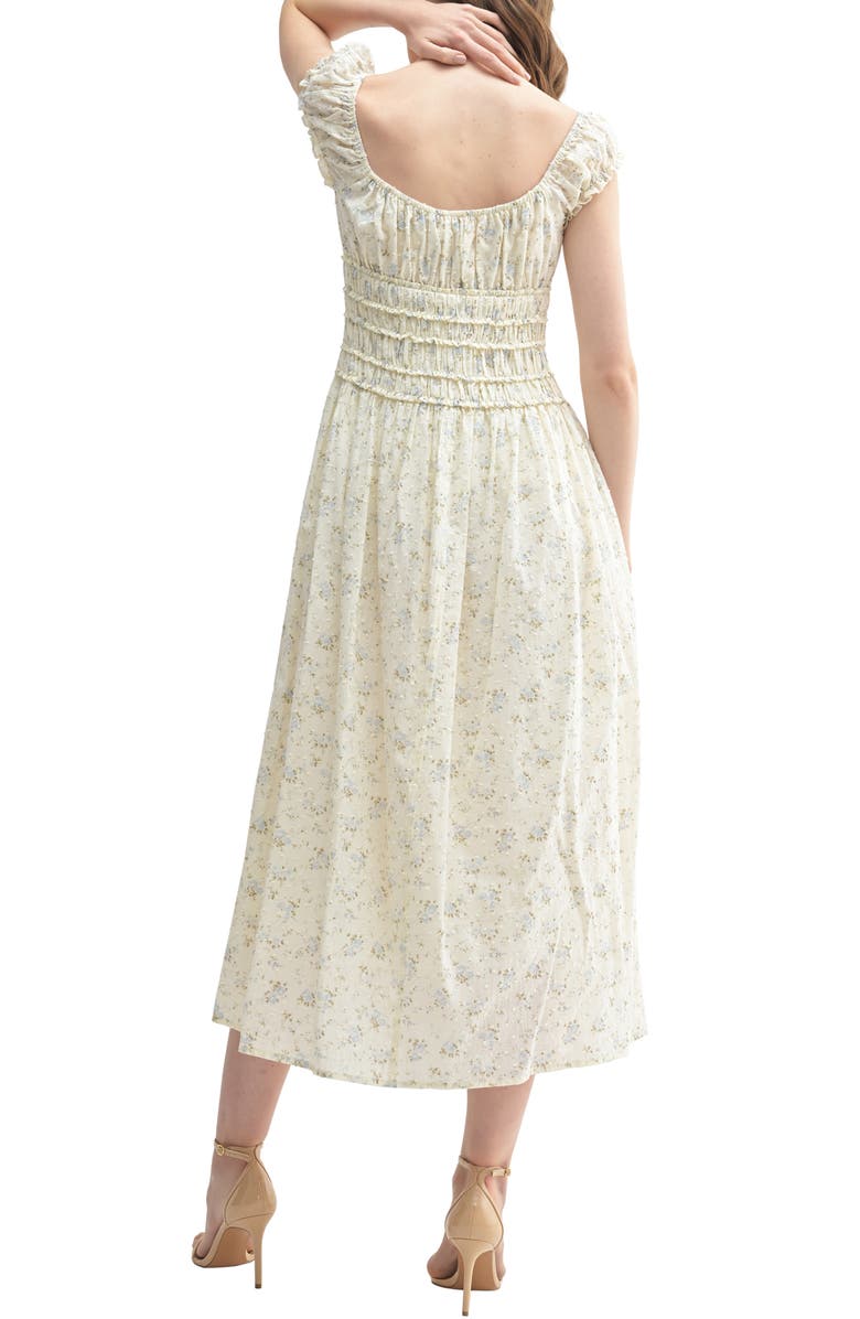 All in Favor Floral Print Swiss Dot Midi Dress, Alternate, color, Cream Blue