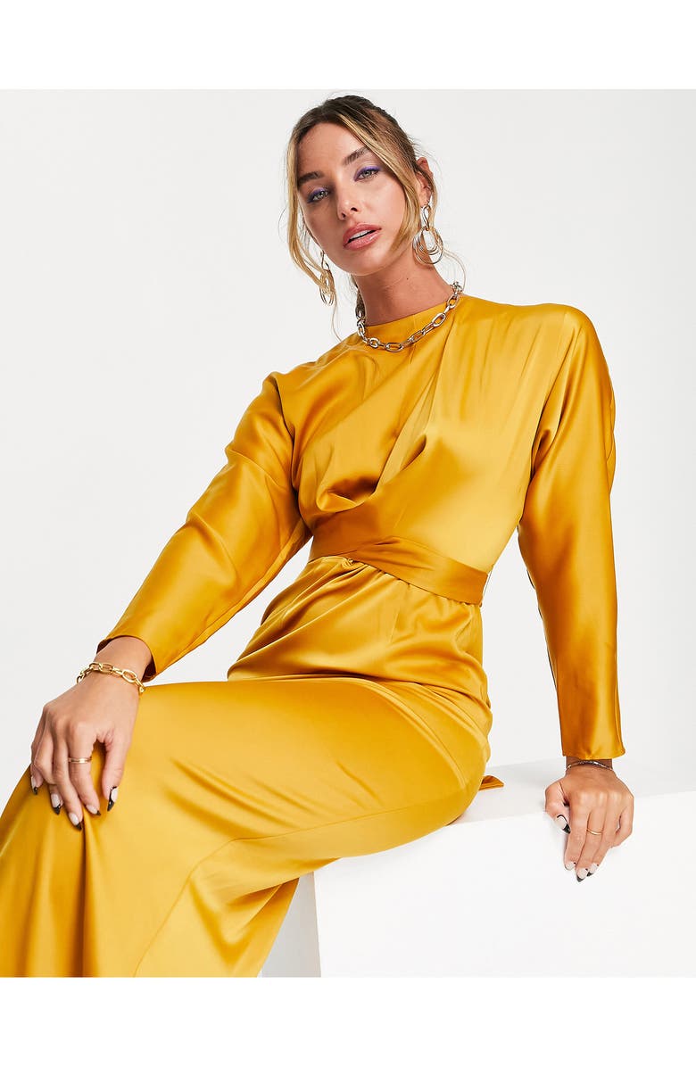 ASOS DESIGN Twist Front Long Sleeve Stretch Satin Gown, Alternate, color,
