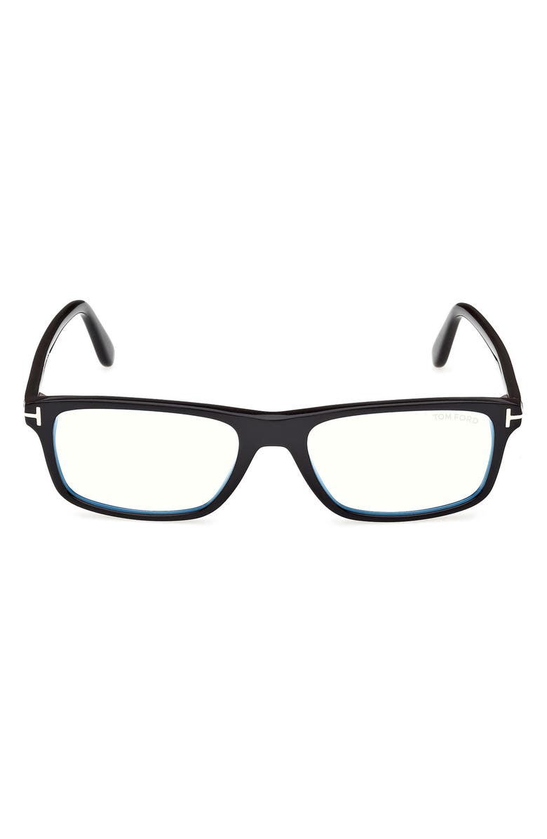 TOM FORD 55mm Rectangular Optical Glasses, Main, color, Shiny Black / T Logo