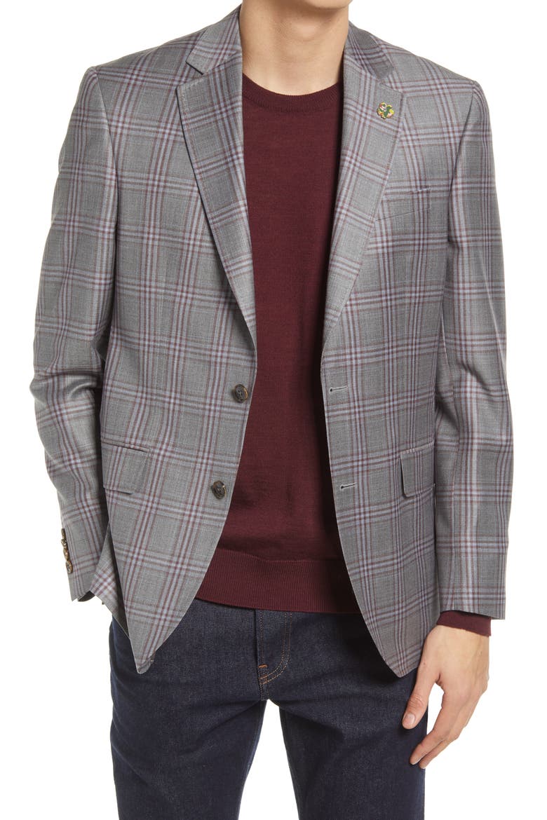 Jay Slim Fit Plaid Wool Sport Coat, Main, color, GREY