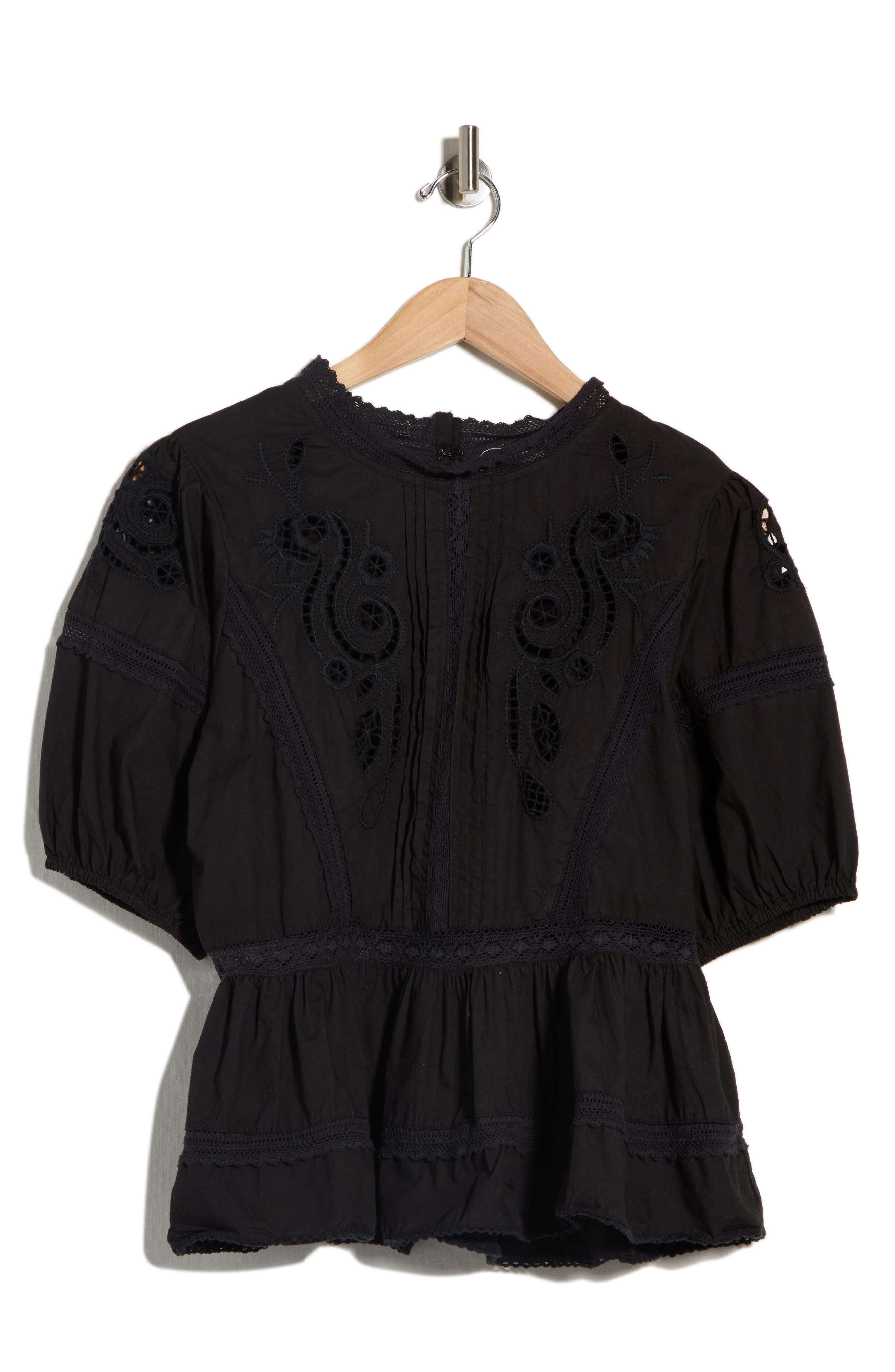 MAX STUDIO Embroidered Short Sleeve Cotton Peplum Top