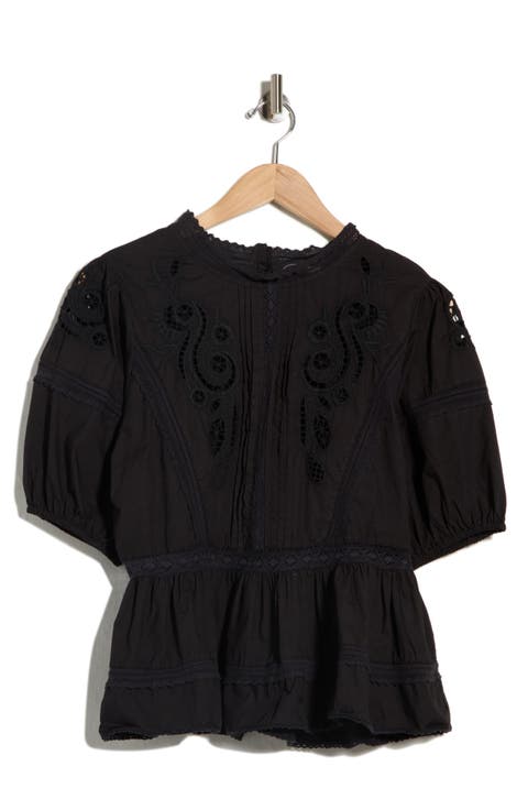 Embroidered Short Sleeve Cotton Peplum Top
