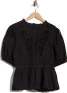 MAX STUDIO Embroidered Short Sleeve Cotton Peplum Top