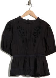 MAX STUDIO Embroidered Short Sleeve Cotton Peplum Top