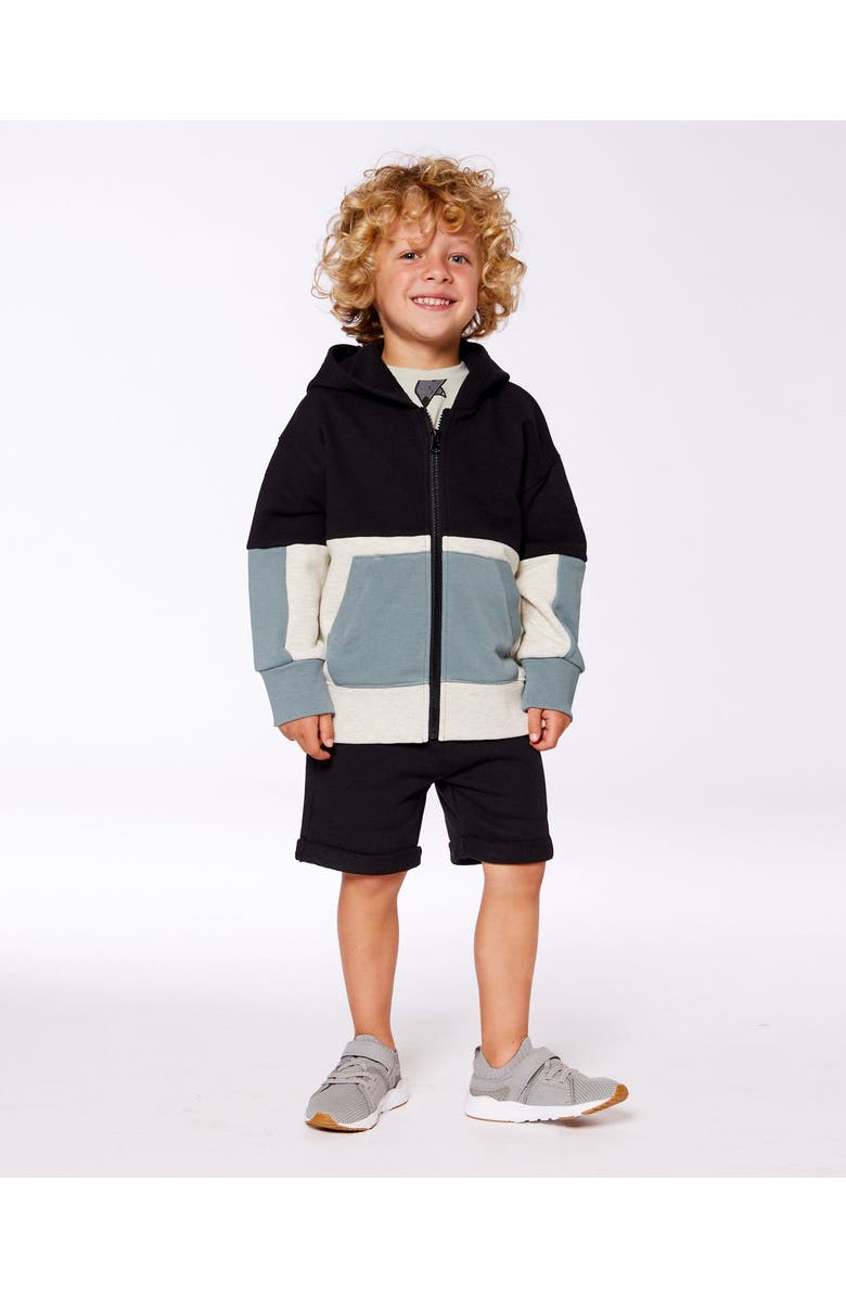 Deux par Deux Little Boy's French Terry Color Block Full Zip Hoodie Cardigan Sweatshirt Black, Teal And Shimmer, Alternate, color, 
