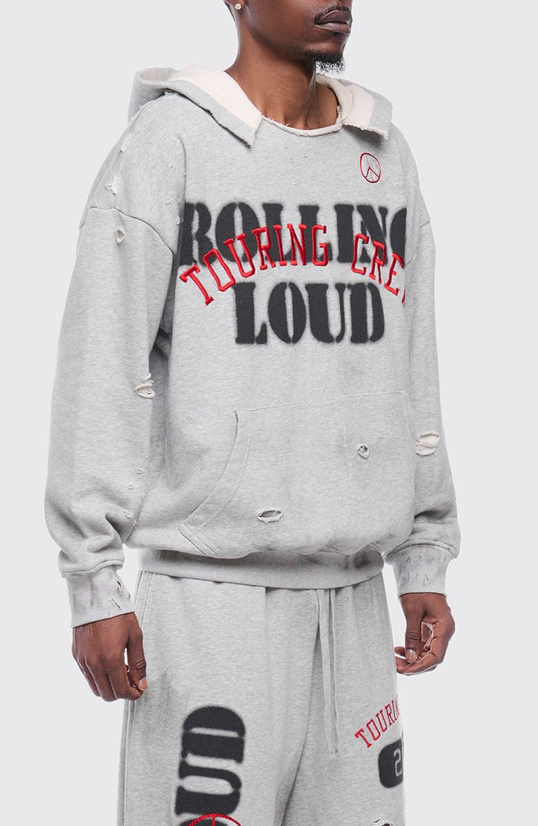 Rolling Loud RL Touring Crew Distressed Pullover Hoodie, Alternate, color, Heather Gray
