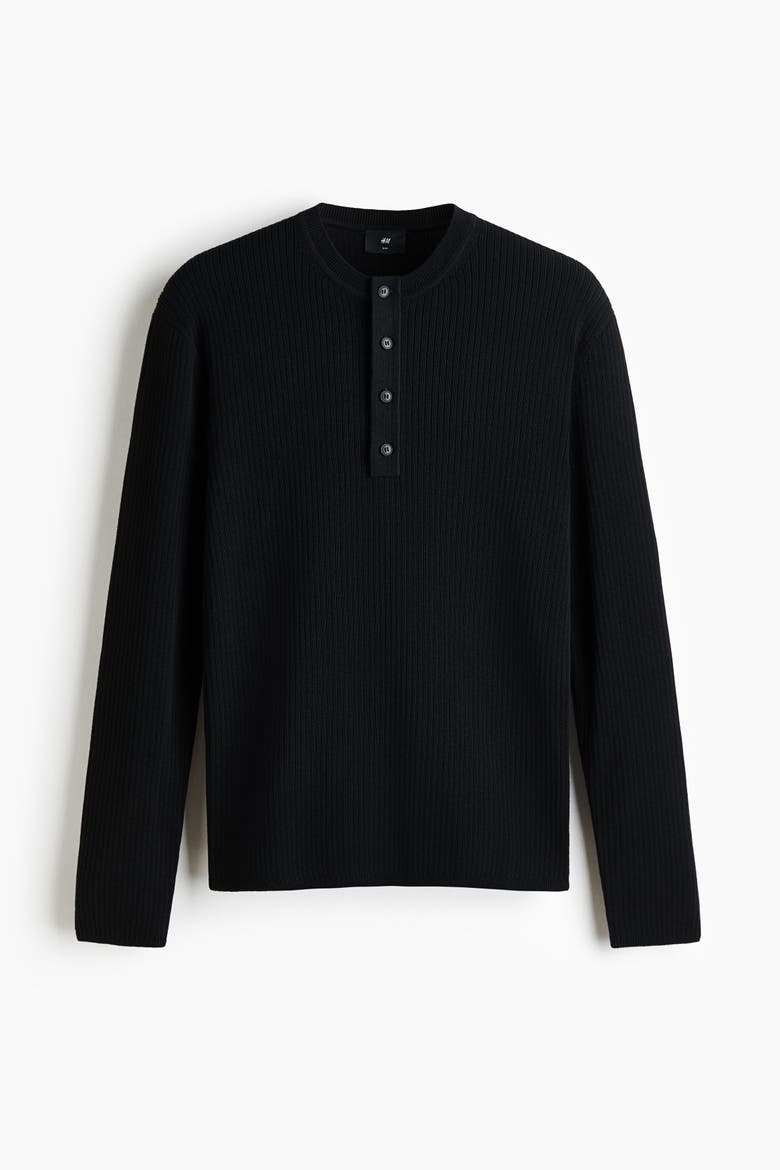 Slim-fit Ribbed Henley Shirt, Alternate, color, Black