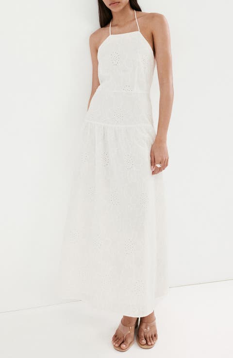 Embroidered Cotton Halter Dress