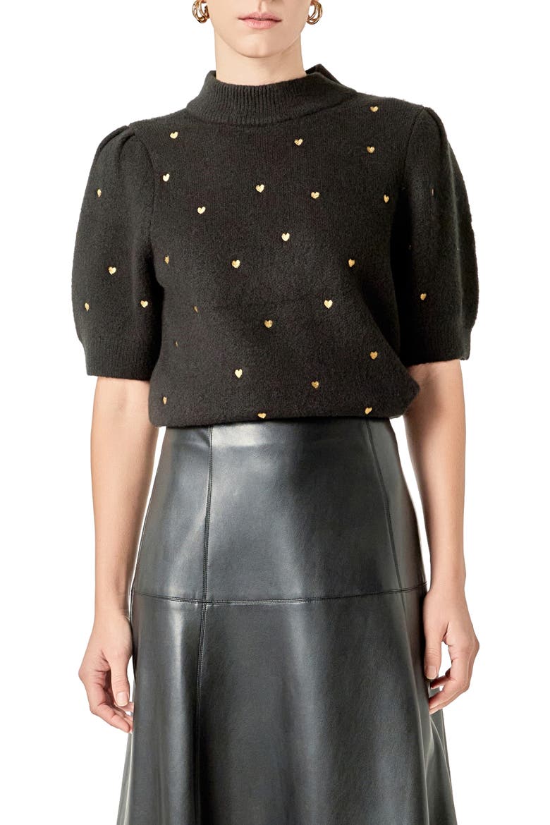 Heart Embroidered Puff Sleeve Sweater, Main, color, BLACK