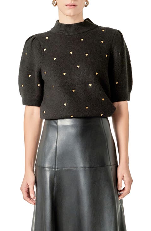 Heart Embroidered Puff Sleeve Sweater