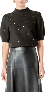 English Factory Heart Embroidered Puff Sleeve Sweater