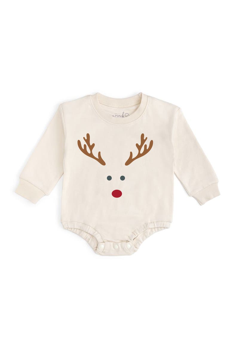Red Nose Reindeer Christmas Long Sleeve Romper, Main, color, Natural
