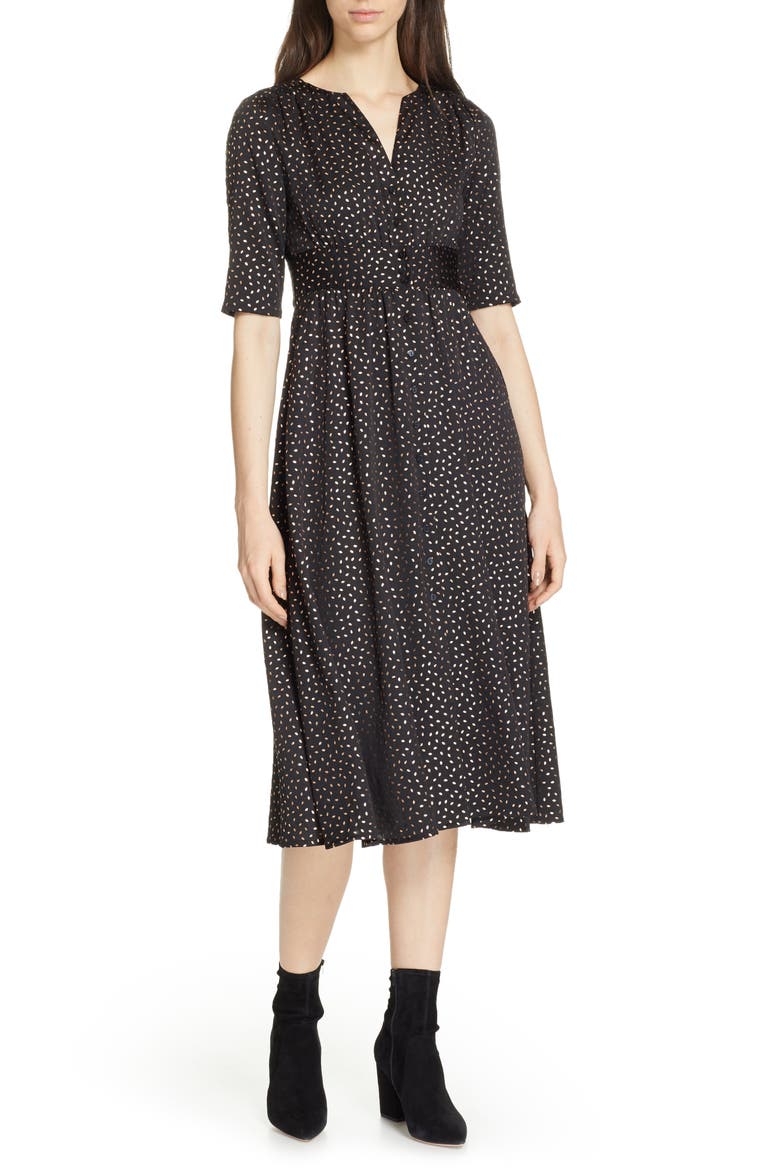 Gala Foil Print Midi Dress, Main, color, NOIR