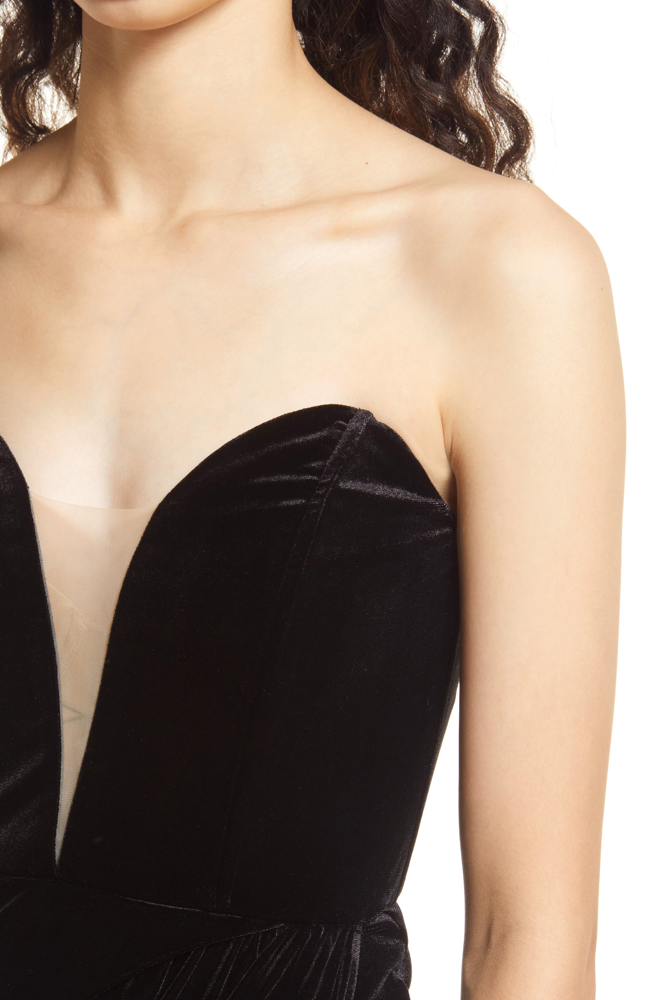 black velvet draped wrap detail bandeau maxi dress Ruched Sleeveless Velvet Deep V-Neck, Maribel Maxi Dress in Black, Size XL, For Holiday Party