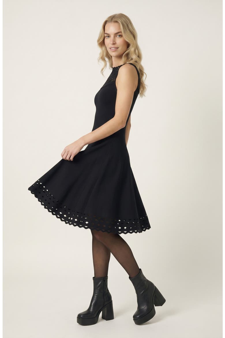 Sleeveless High Neck Eyelet Midi Dress, Alternate, color, Black