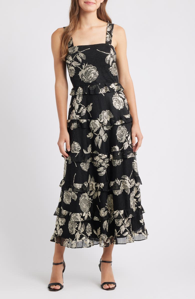 Anne Klein Metallic Tiered Ruffle Sleeveless Maxi Dress, Main, color, Gold/ Anne Black