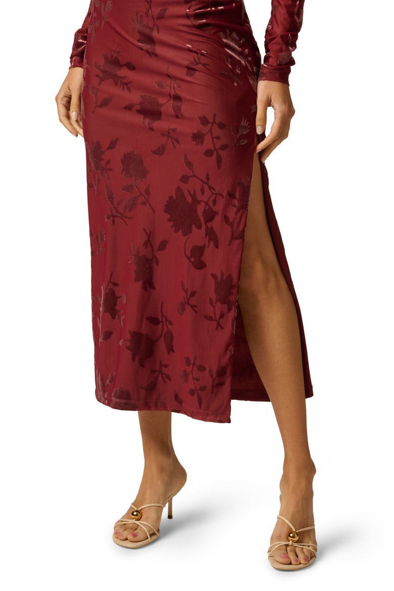 Velvet Burnout Long Sleeve Midi Dress, Alternate, color, AUBURN