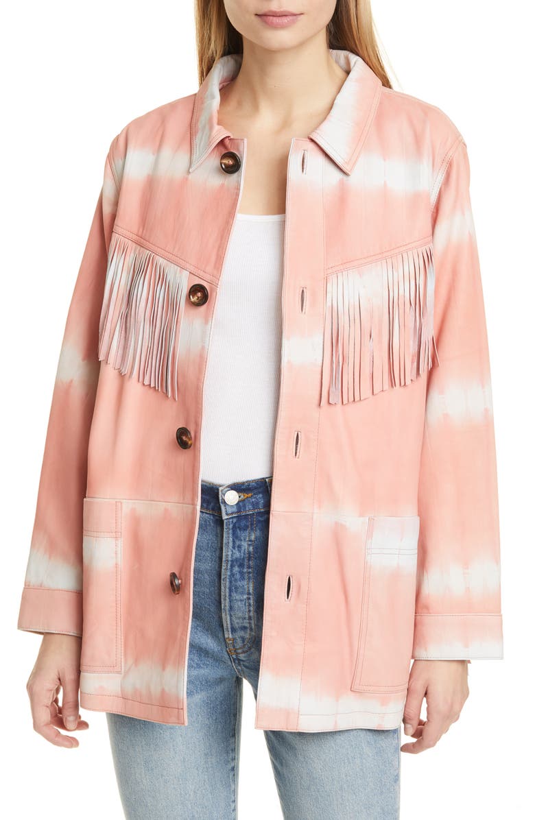 Sea Zelda Tie Dye Fringe Trim Leather Jacket, Main, color, 