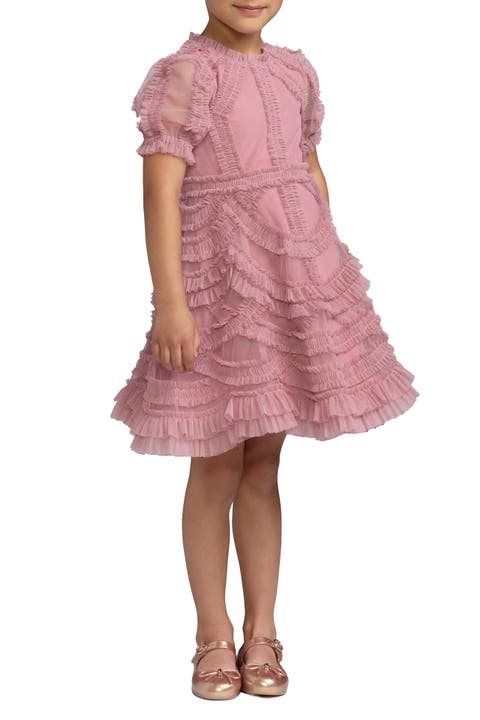 Girls High Neck Puff Sleeve Ruffle Mini Dress