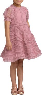 Mac Duggal Girls High Neck Puff Sleeve Ruffle Mini Dress