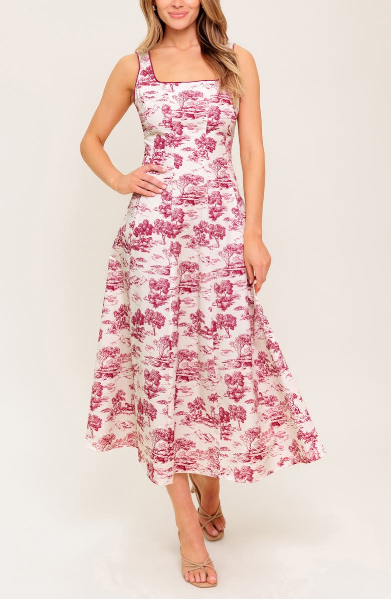 FLYING TOMATO Square Neck Print Midi Dress, Alternate, color, Ivory Berry