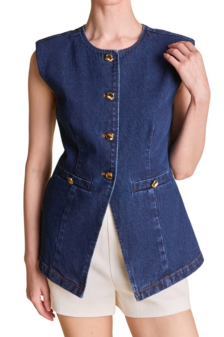 Button Cutaway Denim Vest, Main, color, DENIM