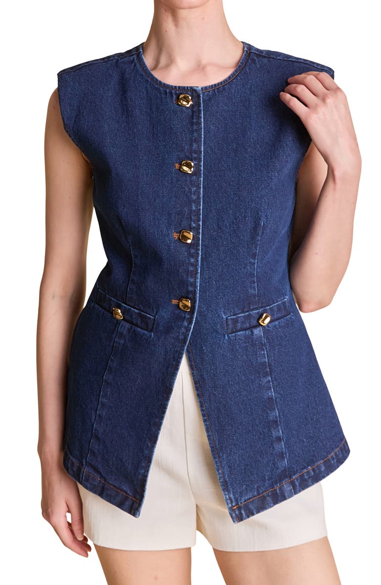 Endless Rose Button Cutaway Denim Vest, Main, color, Denim