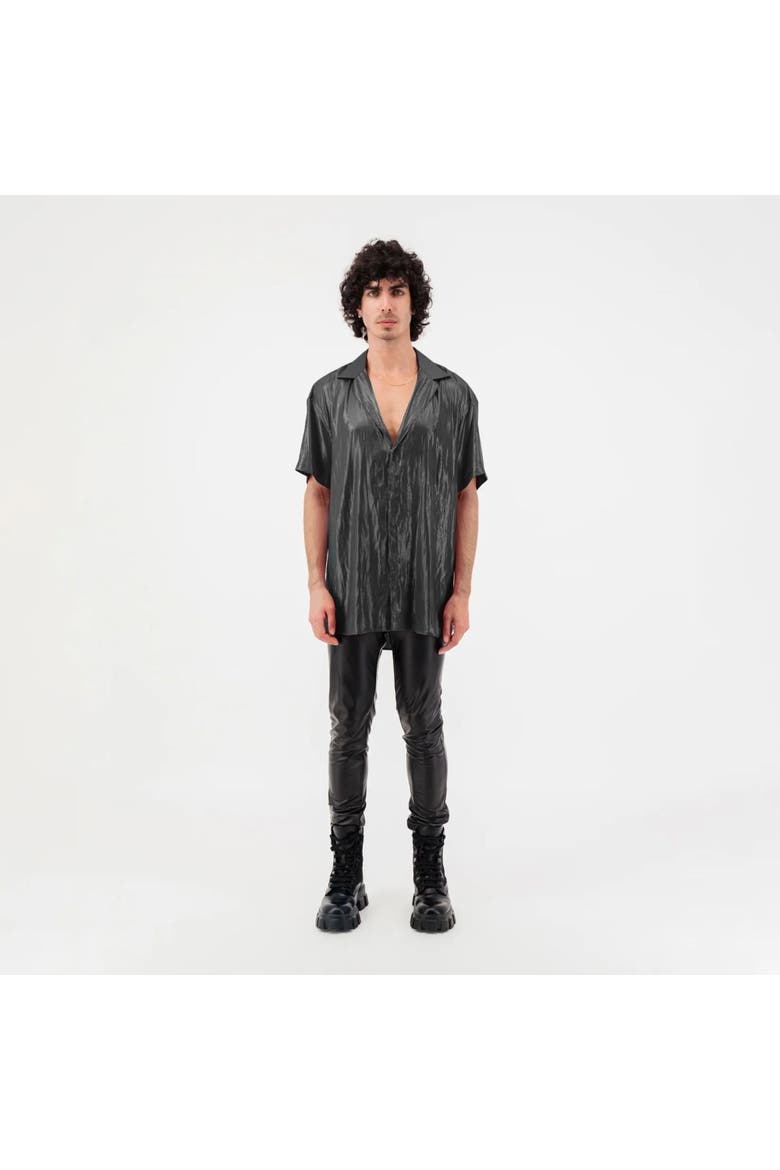 Satin Button Up Short Sleeve Shirt, Alternate, color, Black