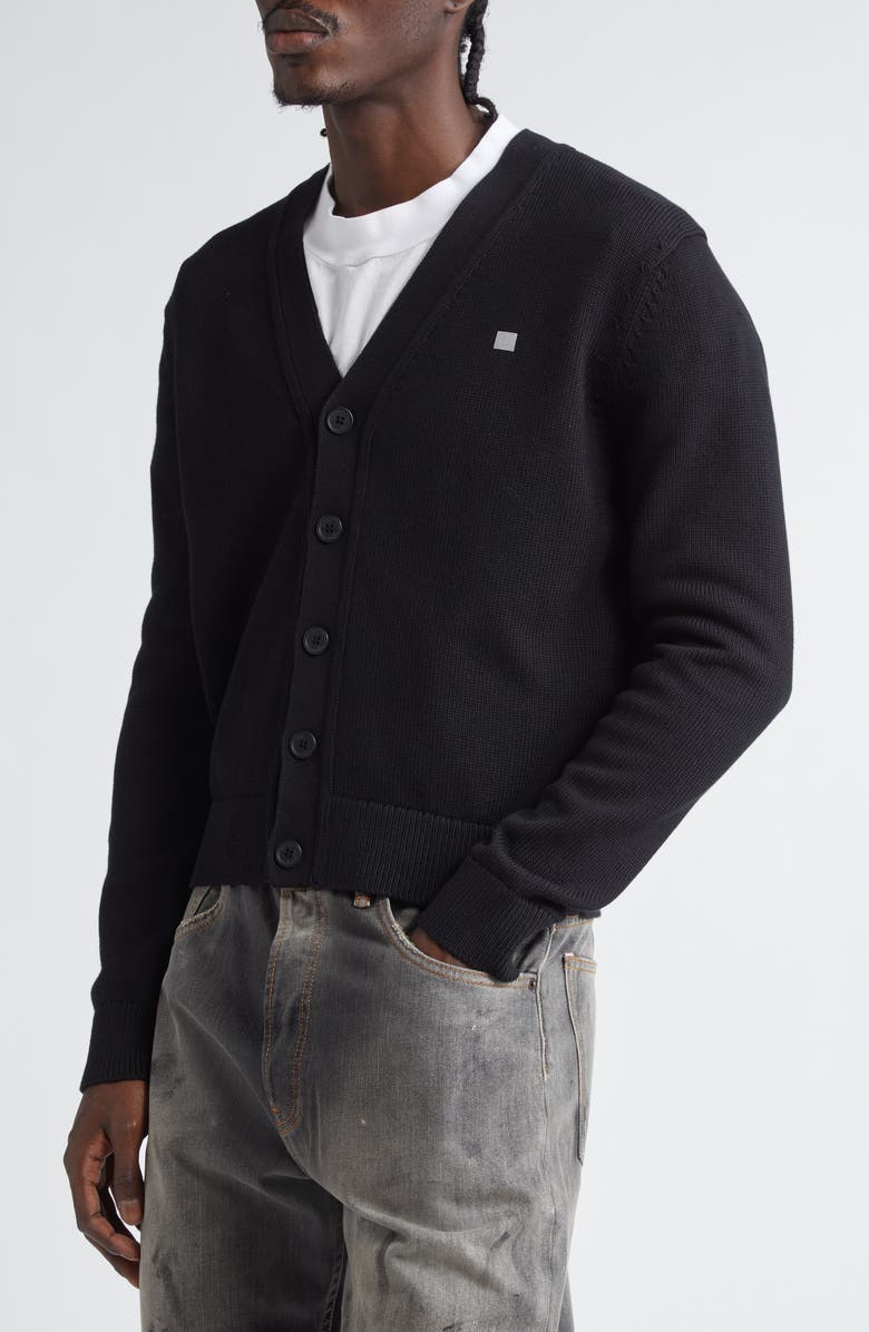 Acne Studios Keven Face Patch Cotton V-Neck Cardigan, Alternate, color, Black