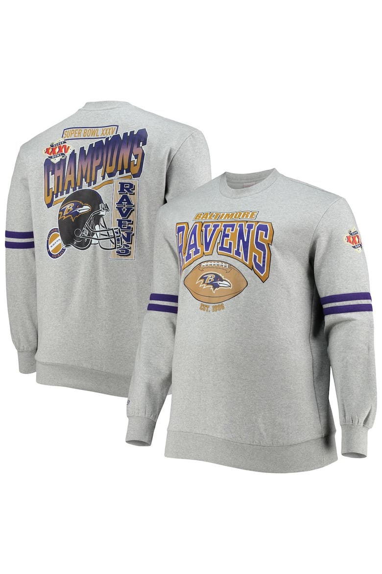 Men's Mitchell & Ness Heathered Gray Baltimore Ravens Big & Tall Allover Print Pullover Sweatshirt, Alternate, color, Heather Gray