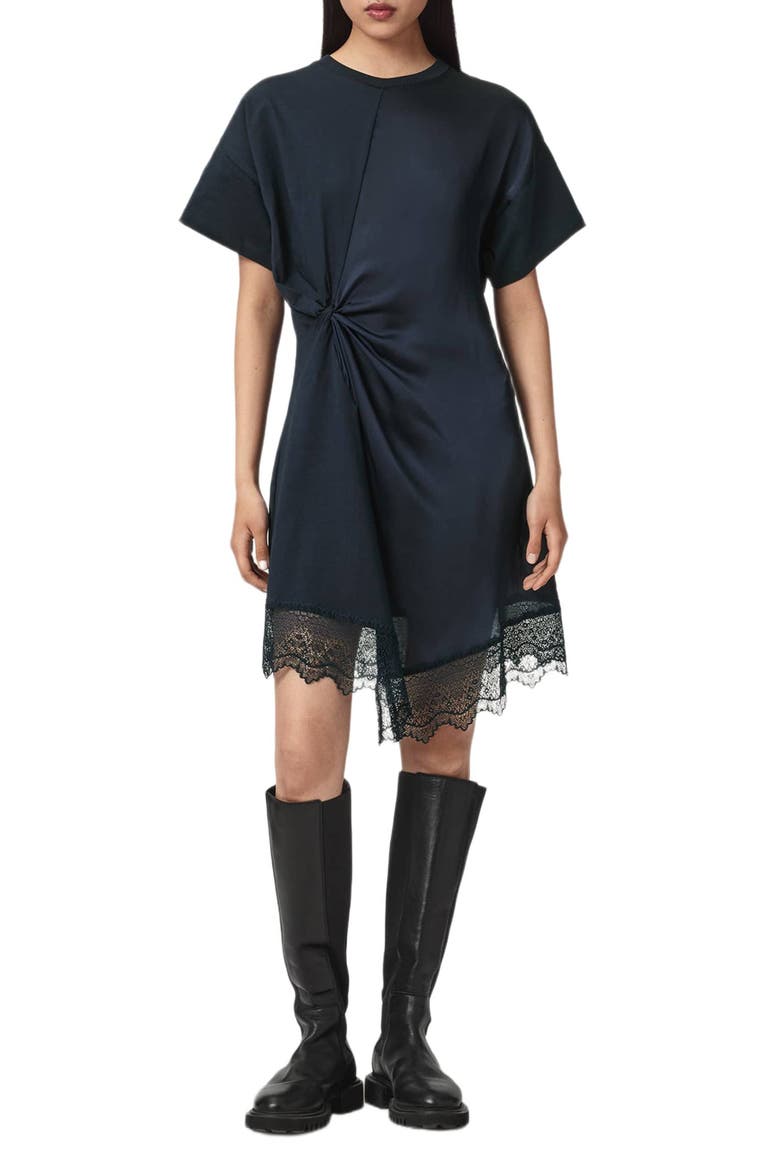 Lana Mixed Media Lace Trim T-Shirt Minidress, Main, color, MIDNIGHT BLUE