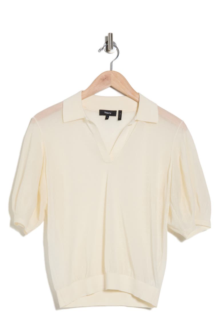Puff Sleeve Crepe Knit Polo, Alternate, color, CREAM